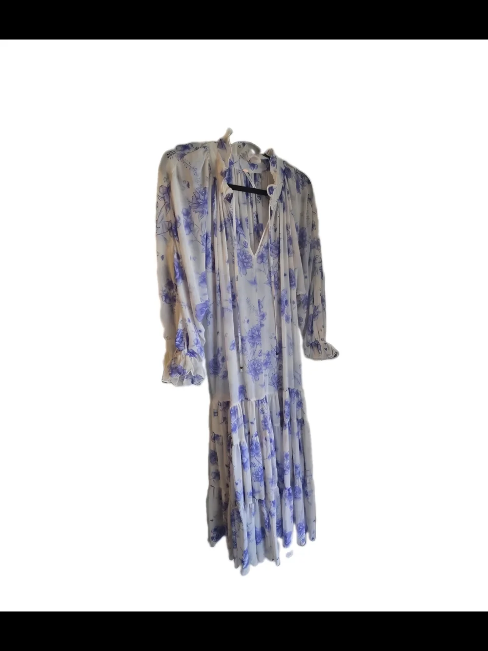 Free People Cream Blouse with Blue Floral Ruffle V-Neck